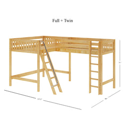 L-shaped wooden loft bed with ladder, accommodating both full and twin size mattresses, ideal for maximizing bedroom space.