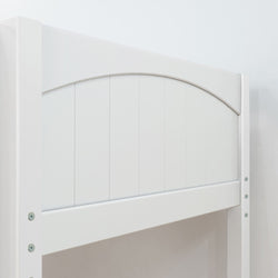 White wooden headboard with vertical panels and an arched design.