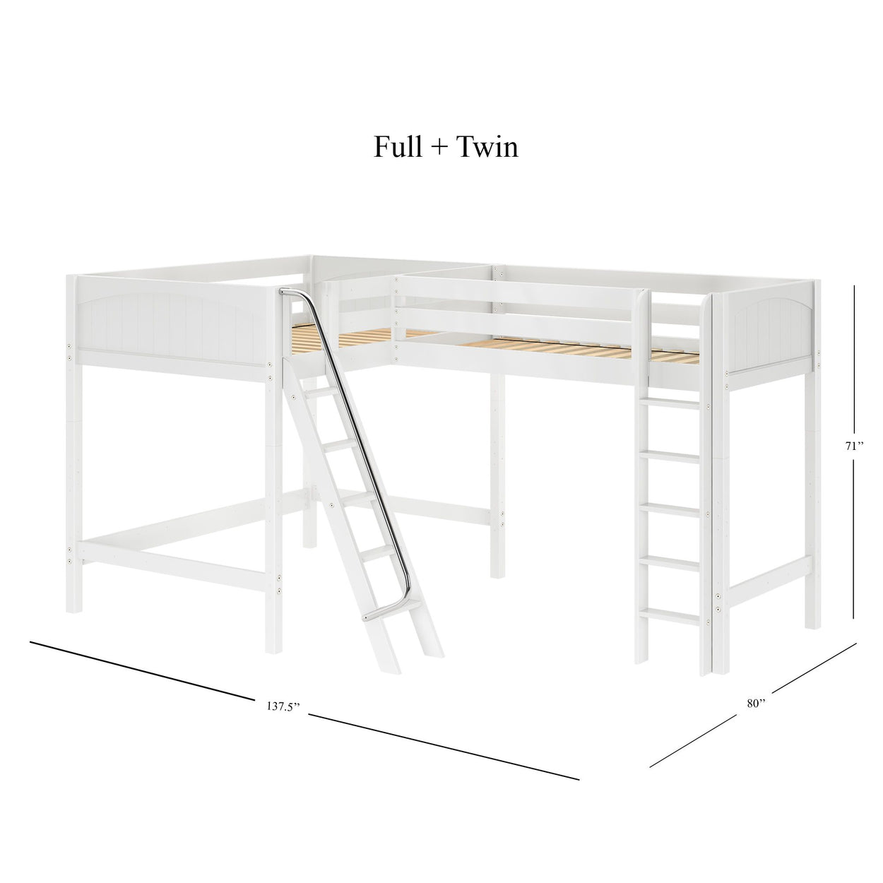 L-shaped white full and twin loft bed with slide and ladder for kids' room, 137.5 x 80 x 71 inches.
