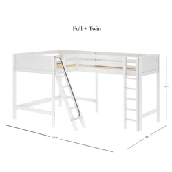 L-shaped white full and twin loft bed with slide and ladder for kids' room, 137.5 x 80 x 71 inches.