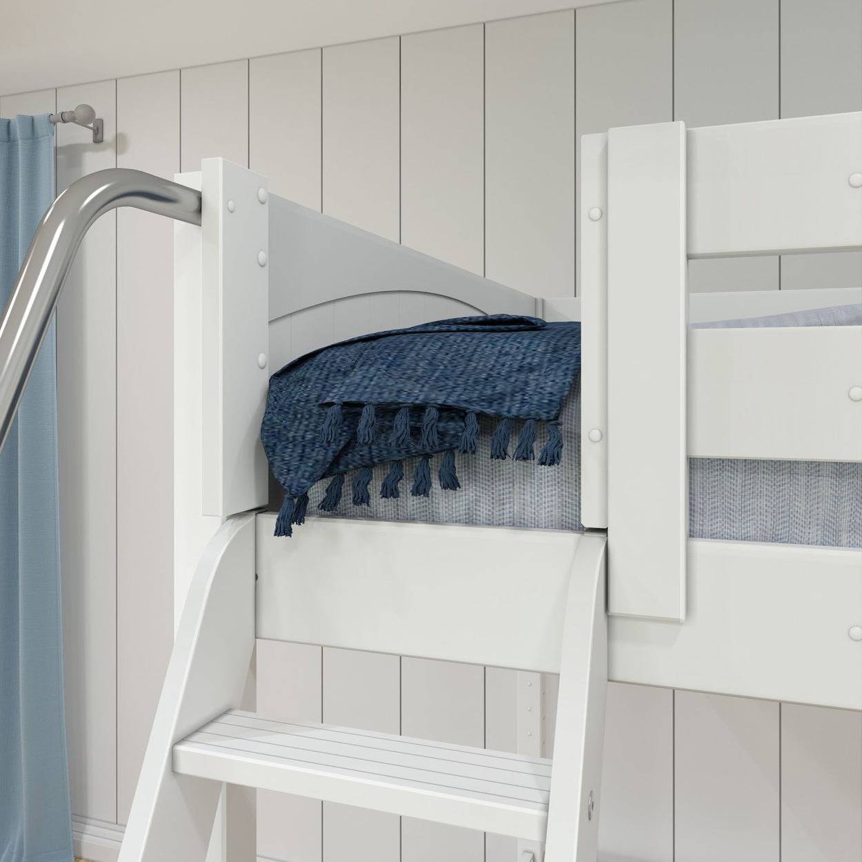 White bunk bed with a blue blanket and metal slide in a modern bedroom.