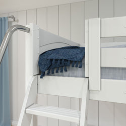White bunk bed with a blue blanket and metal slide in a modern bedroom.