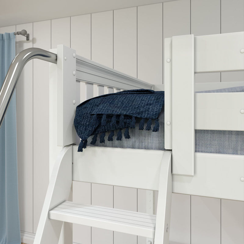 White wooden bunk bed ladder with chrome handrail and navy blue throw blanket against white shiplap wall in a modern kids' bedroom