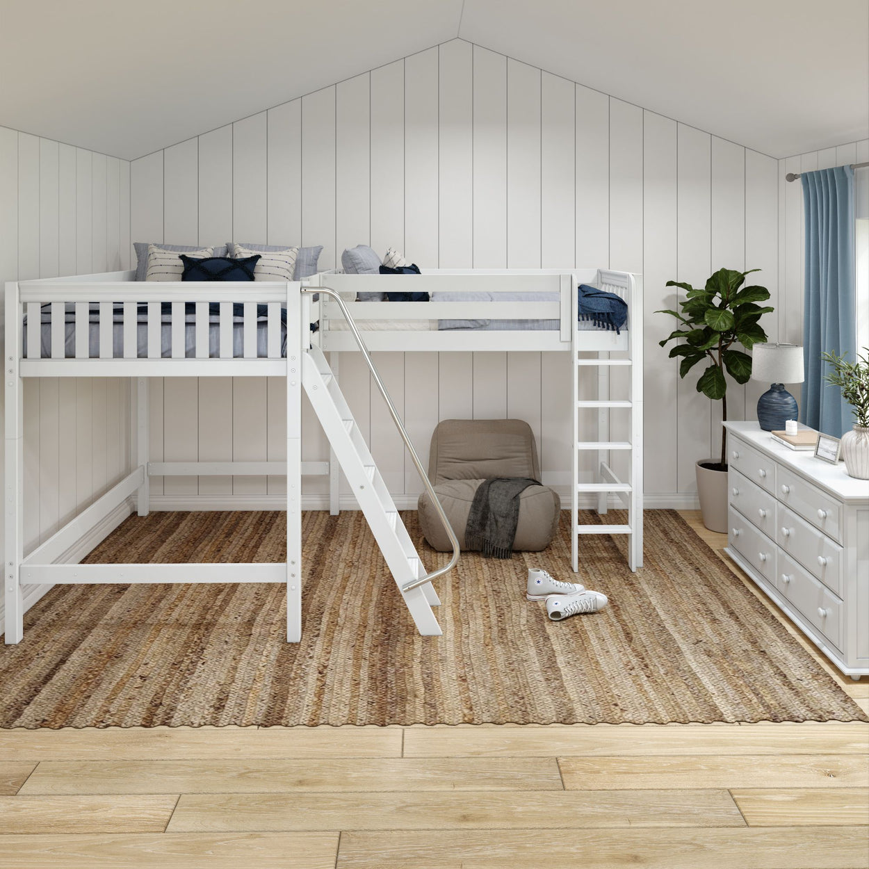 White loft bed with ladder in modern bedroom featuring a natural fiber rug, cozy chair, and greenery for a minimalist design.