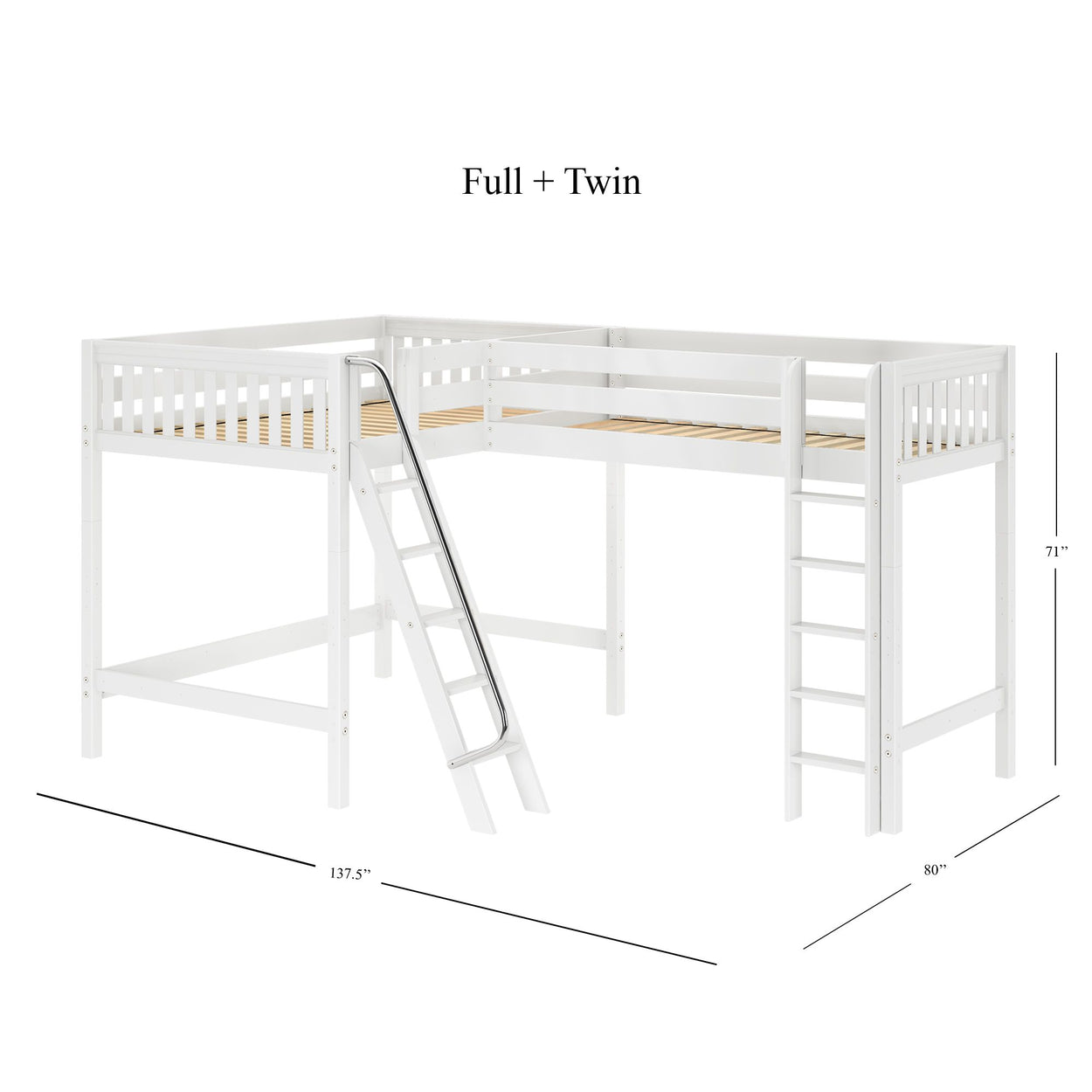 White L-shaped loft bed with ladder, full and twin size, 71" height, 137.5" length, 80" width.