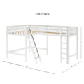 White wooden full-and-twin loft bunk bed with ladder and safety guardrails, space-saving high-loft design with slatted wood platforms, dimensions 71 in H × 137.5 in L × 80 in W