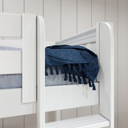 White bunk bed with blue throw blanket in modern bedroom setting.