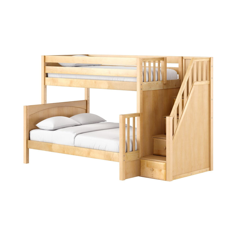 Natural maple loft bunk bed with stairs and built-in storage drawers, twin-over-full wooden bunk ideal for kids' bedroom and space-saving décor