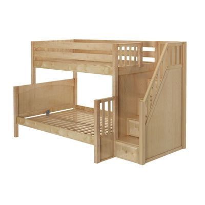 Wooden bunk bed with stairs and storage drawers, ideal for kids' bedroom space-saving.