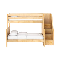 Light maple twin-over-full wooden bunk bed with built-in stair drawers, guardrails and white bedding — space-saving kids' loft bed for small bedrooms