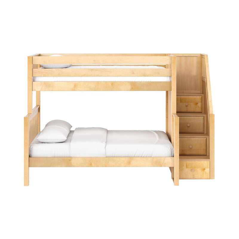 Maple wood bunk bed with built-in staircase and storage drawers, white bedding, modern loft bed for kids and teens