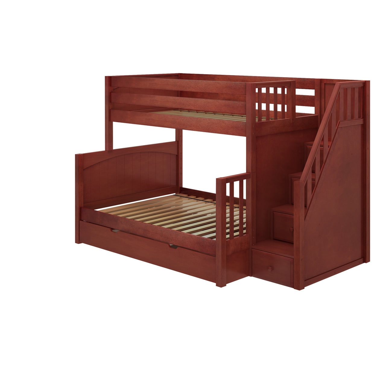 Red wooden bunk bed with storage steps and pull-out trundle for kids' bedroom furniture.