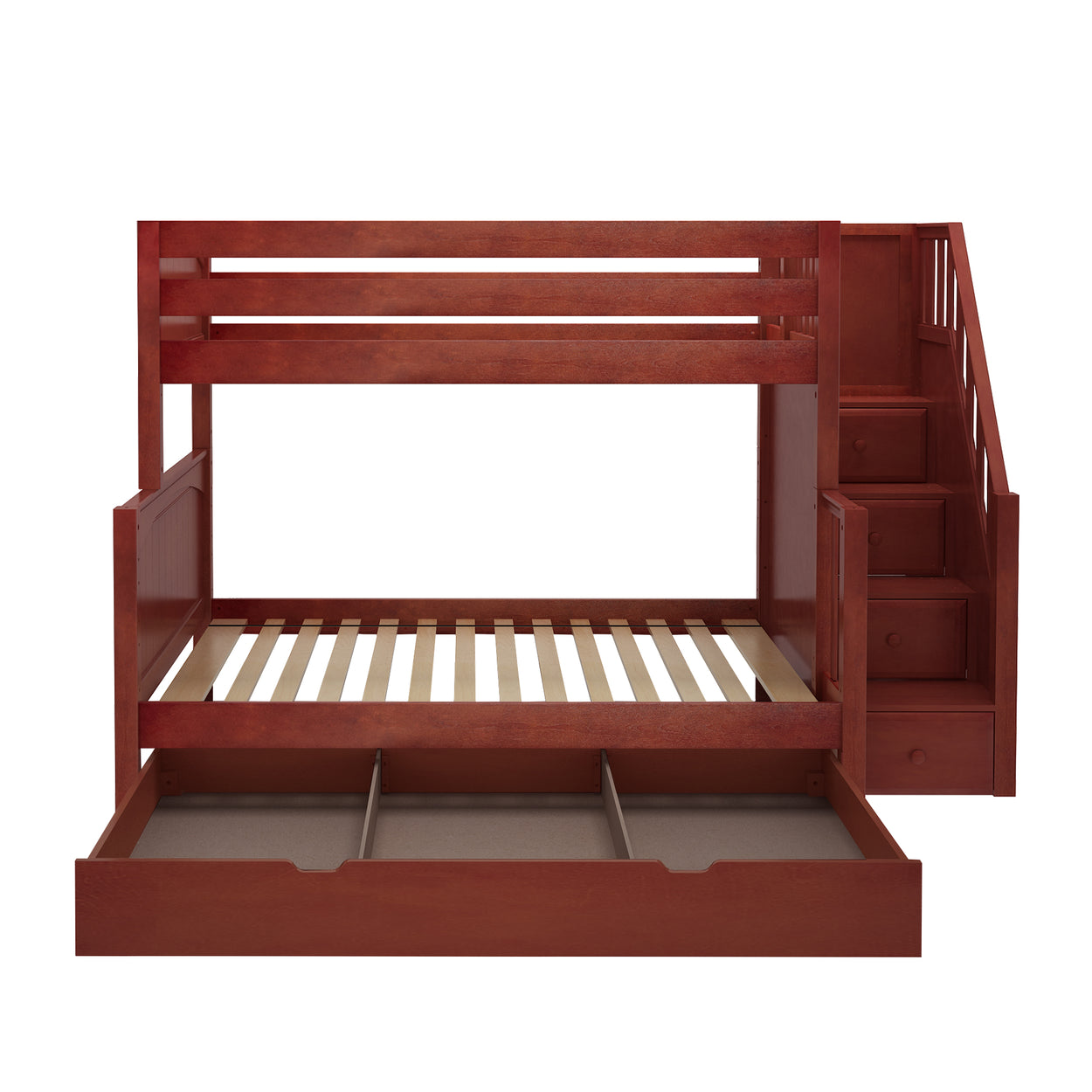 Wooden bunk bed with storage stairs and pull-out drawers for kids' bedroom furniture.