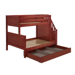 Wooden bunk bed with storage drawers and staircase, perfect for kids' bedroom furniture.