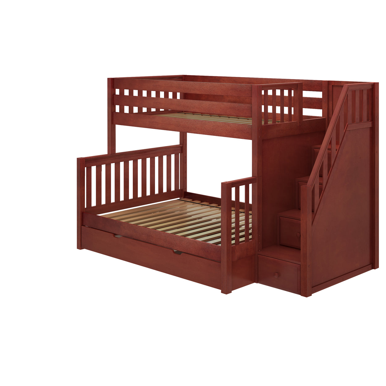 Rustic wooden bunk bed with stairs and storage drawers for bedroom furniture solutions.