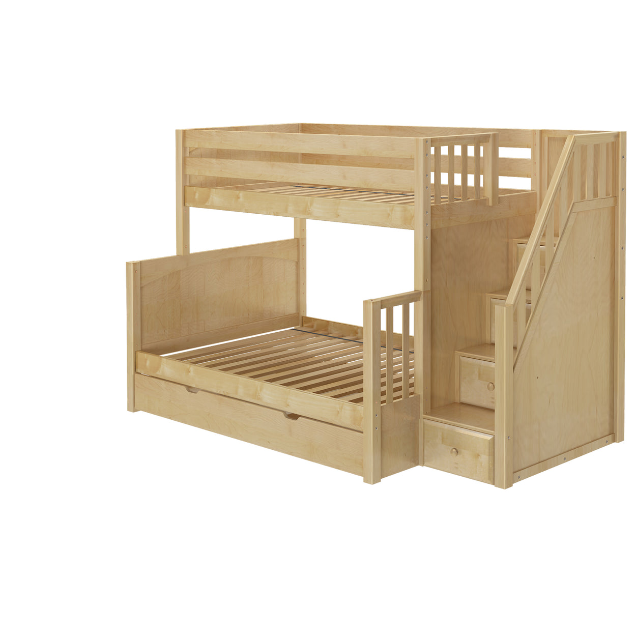 Wooden bunk bed with built-in staircase and storage, perfect for kids' room organization and space-saving solutions.