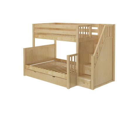 Wooden bunk bed with built-in staircase and storage, perfect for kids' room organization and space-saving solutions.