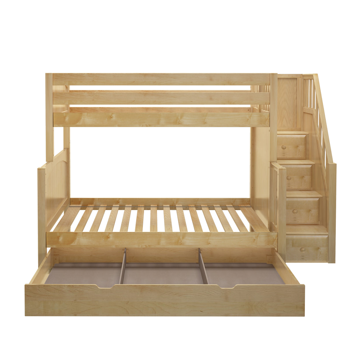 Wooden bunk bed with storage stairs and pull-out trundle drawer for children.
