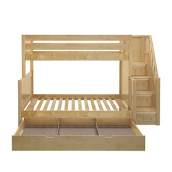 Wooden bunk bed with storage stairs and pull-out trundle drawer for children.