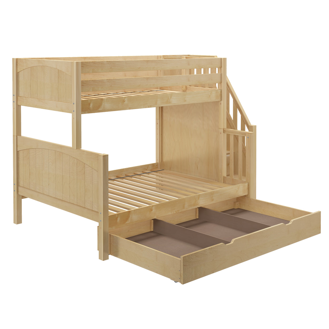 Wooden bunk bed with built-in staircase and pull-out storage drawers underneath.