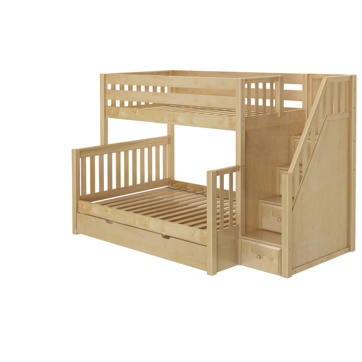 Wooden bunk bed with stairs and trundle in natural finish, perfect for saving space in kids' bedrooms.