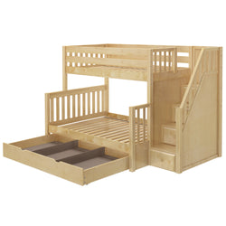 Wooden bunk bed with built-in stairs and under-bed storage drawers.