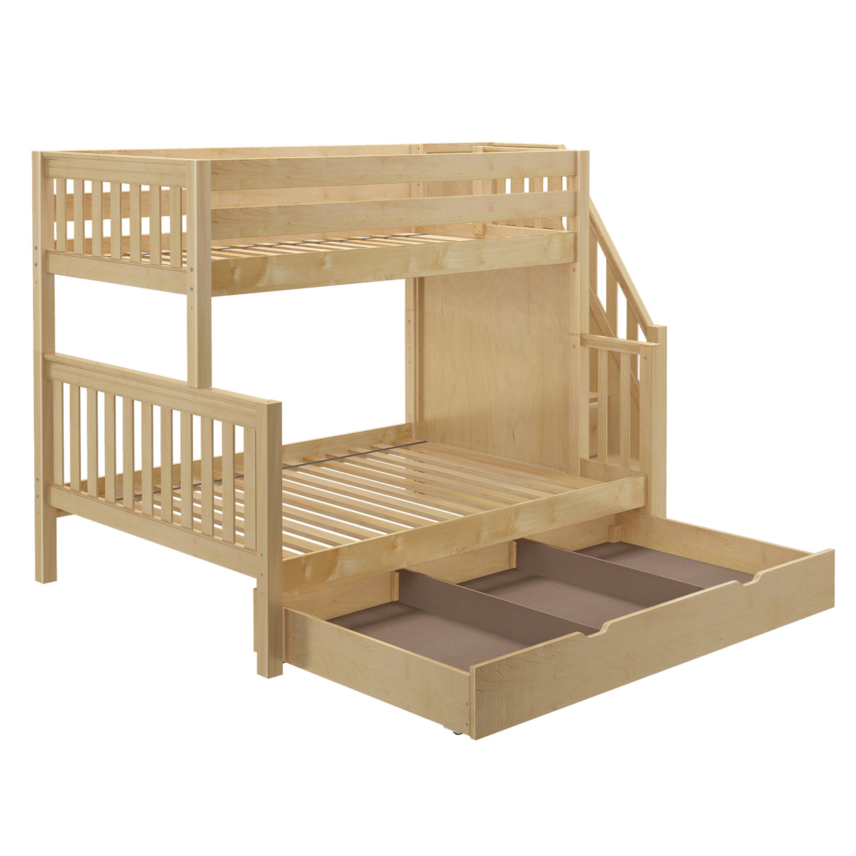 Natural wood bunk bed with stairs and built-in storage drawer, perfect for optimizing space in children's bedrooms.