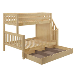 Natural wood bunk bed with stairs and built-in storage drawer, perfect for optimizing space in children's bedrooms.