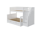 White wooden twin-over-full bunk bed with built-in staircase and drawer storage, slatted platform beds for space-saving kids bedroom furniture