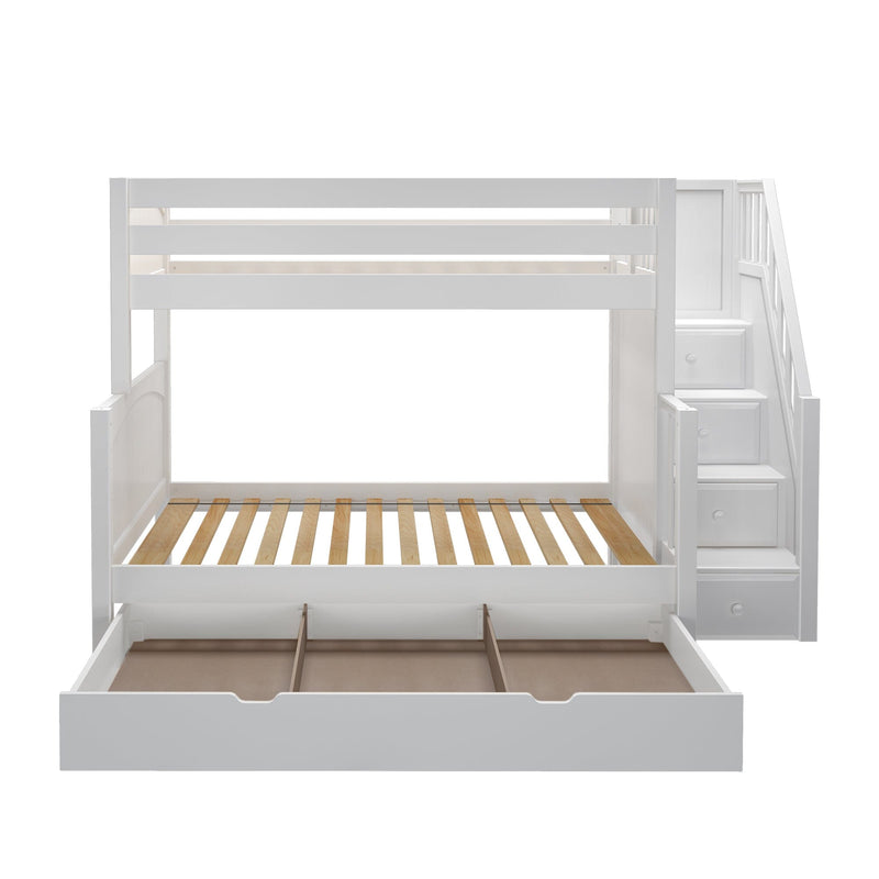 White wooden twin-over-full bunk bed with built-in staircase storage drawers, under-bed trundle drawer, slatted mattress bases, and space-saving kids' bedroom design