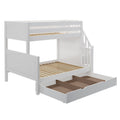 White wooden twin-over-full bunk bed with staircase and large under-bed pull-out storage drawer, slatted mattress supports and panel headboards — space-saving kids' bedroom furniture