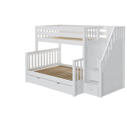 White wooden bunk bed with stairs and under-bed storage.
