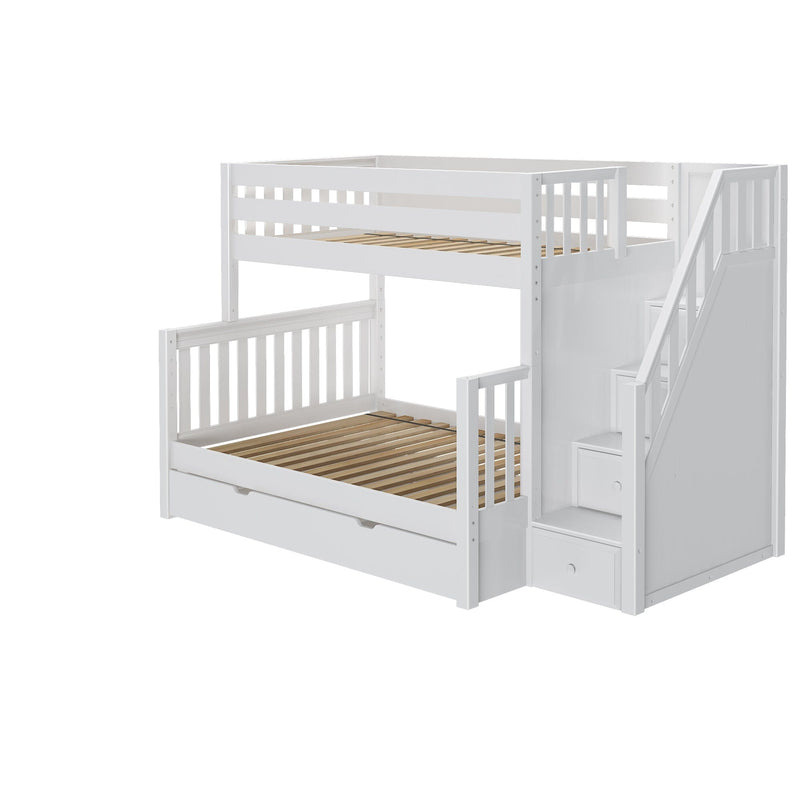 White wooden bunk bed with stairs and built-in storage drawers, twin-over-full design with slatted mattress supports and safety rails for kids' bedroom
