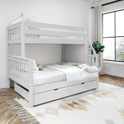 White wooden bunk bed with trundle in modern bedroom decor.