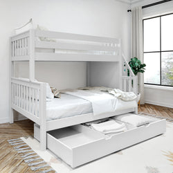 White wooden bunk bed with storage drawers in a modern bedroom setting.