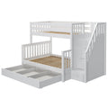 White wooden bunk bed with built-in staircase, slatted two-tier frame and three pull-out under-bed storage drawers, space-saving kids' bedroom furniture