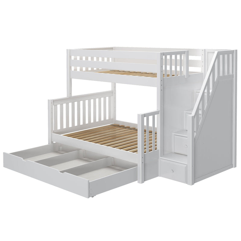 White wooden bunk bed with built-in staircase, slatted two-tier frame and three pull-out under-bed storage drawers, space-saving kids' bedroom furniture