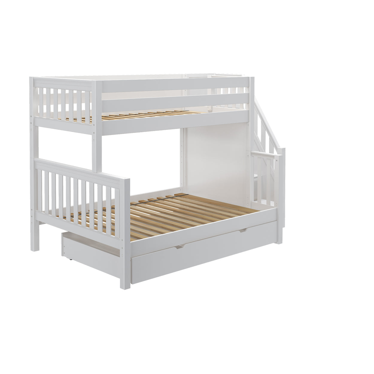 White twin over full bunk bed with stairs and storage drawer for kids or guest room.