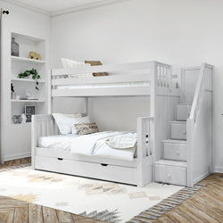Modern white wooden bunk bed with built-in storage stairs in a stylish bedroom setting.
