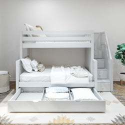 White wooden bunk bed with storage drawers in a modern bedroom.