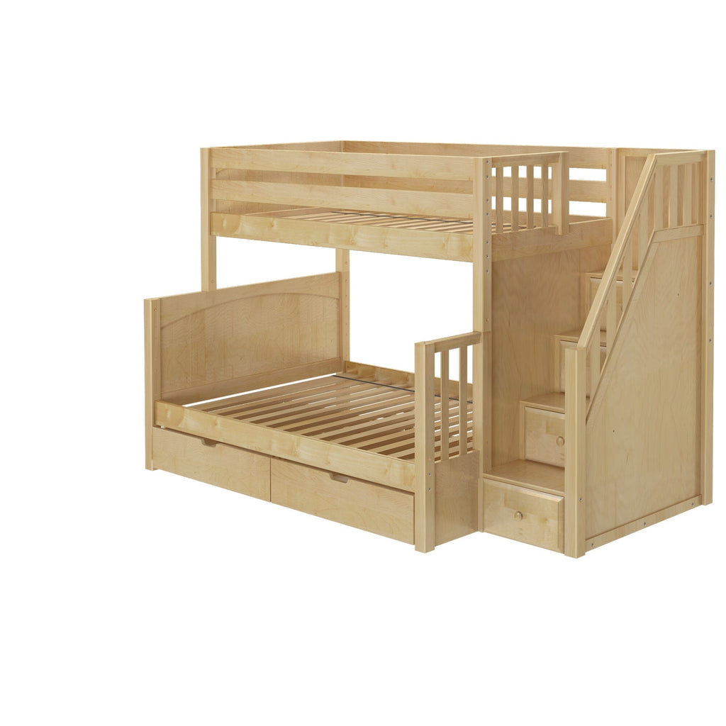 Natural wood twin-over-full bunk bed with built-in staircase and integrated storage drawers, slatted platform and safety rails