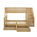 Solid wood twin-over-full bunk bed with built-in staircase, under-bed storage drawers, slatted frames and natural wood finish for kids' bedroom