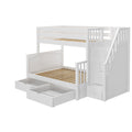 White wooden twin-over-full kids bunk bed with built-in staircase, under-bed storage drawers and slatted mattress supports