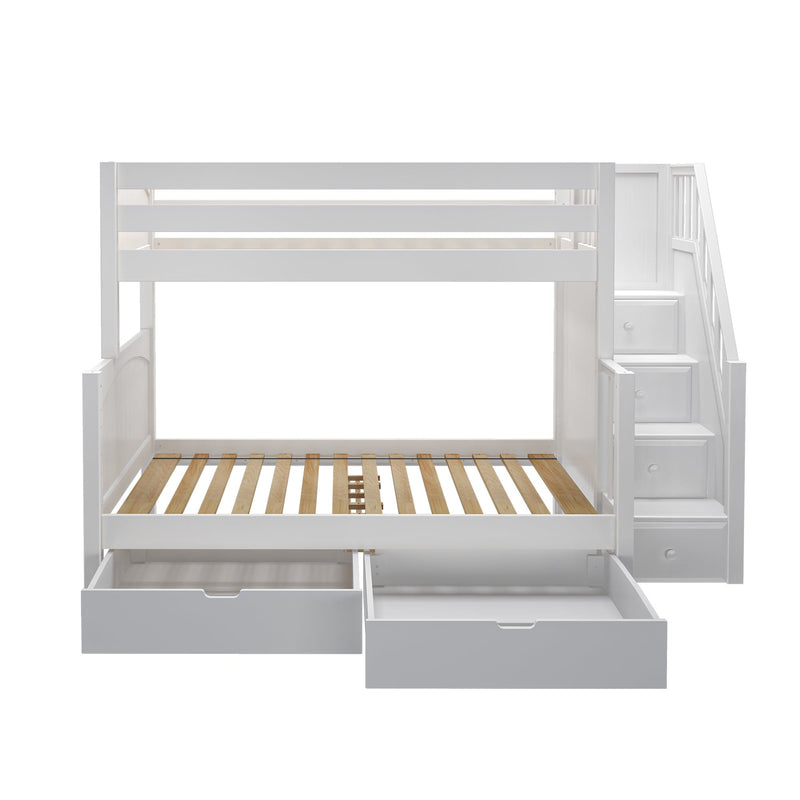 White wooden twin-over-full bunk bed for kids with staircase, built-in storage drawers and under-bed pull-out drawers, slatted mattress bases
