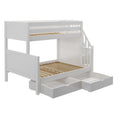 White wooden twin-over-full bunk bed with built-in staircase, two under-bed pull-out storage drawers and slatted mattress supports for kids' bedroom