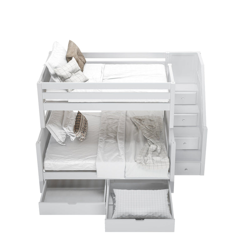 White wooden bunk bed with built-in staircase drawers and under-bed storage, neutral bedding — space-saving kids' bedroom furniture
