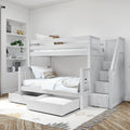 White wooden bunk bed with staircase storage, built-in drawers and pull-out trundle in a modern space-saving children's bedroom