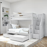SUMO UD WS : Bunk Beds Medium Twin over Full Bunk Bed with Stairs and Underbed Storage Drawer, Slat, White
