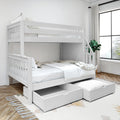 White wooden bunk bed with pull-out under-bed storage drawers in a bright modern bedroom with hardwood floors and large window