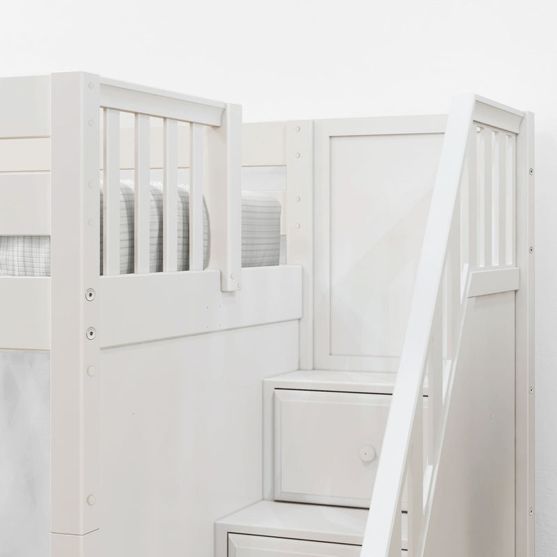 White wooden loft bed with safety rails and built-in storage staircase drawers, modern kids bunk bed for small bedrooms